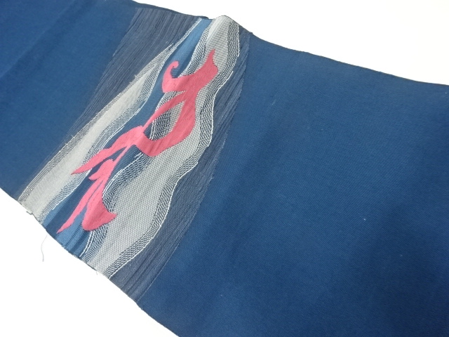 アンティーク　手織り紬波に抽象花模様織出し名古屋帯